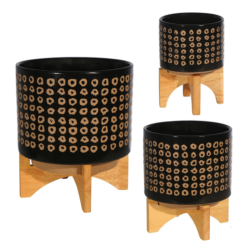 Planter with Wooden Stand and Abstract Design- Large- Black