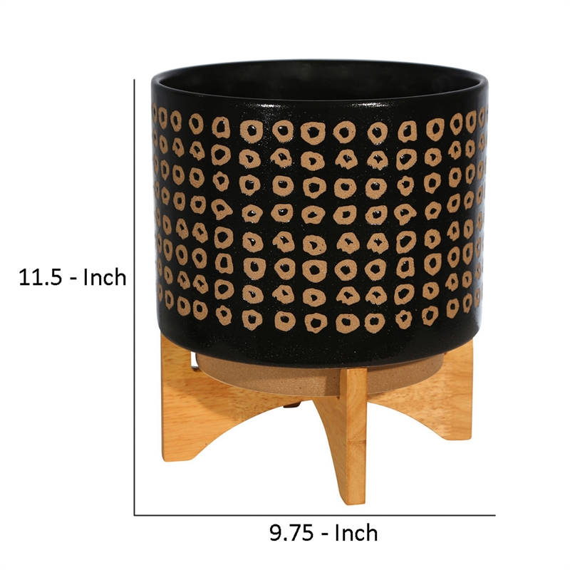 Planter with Wooden Stand and Abstract Design- Large- Black