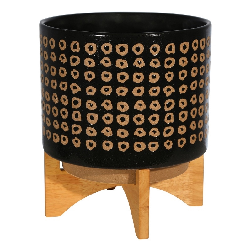 Planter with Wooden Stand and Abstract Design- Large- Black