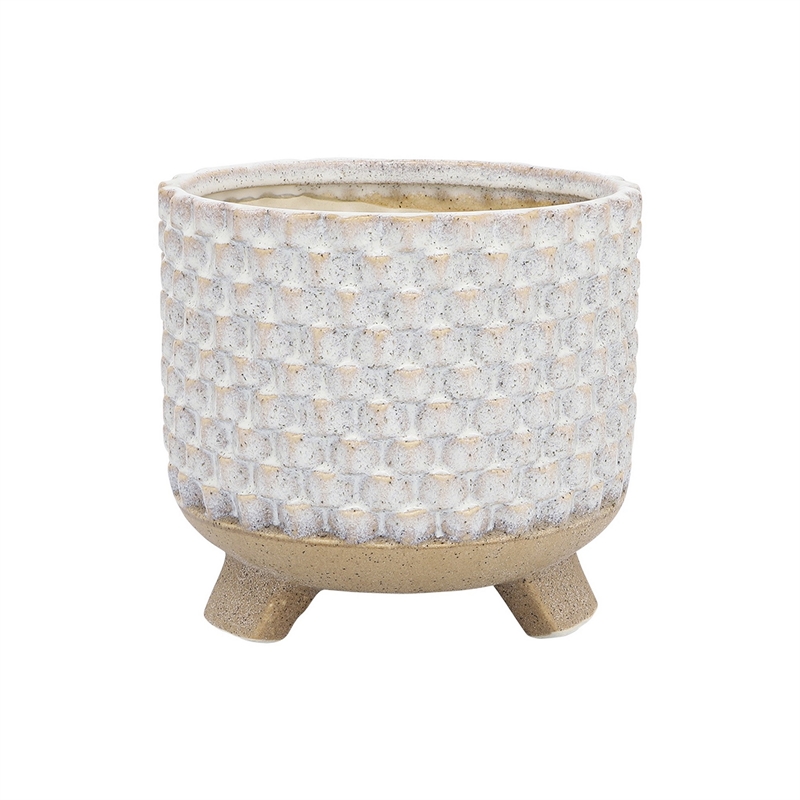 Planter with Textured Design and Footed Base- Set of 2- Off White