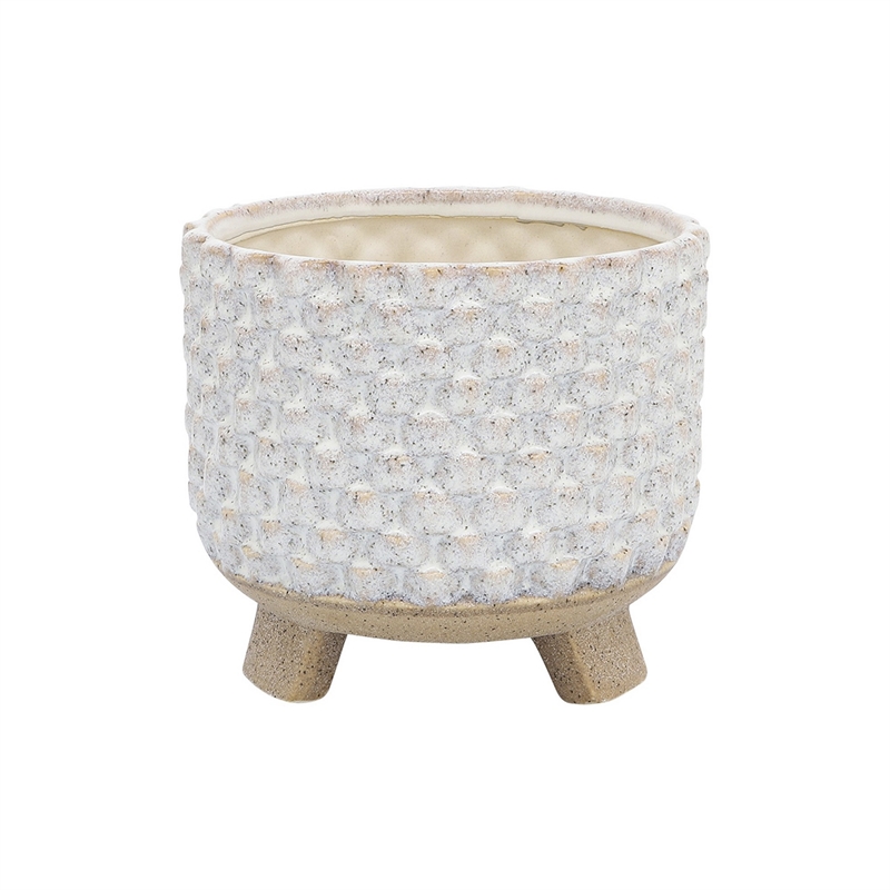 Planter with Textured Design and Footed Base- Set of 2- Off White