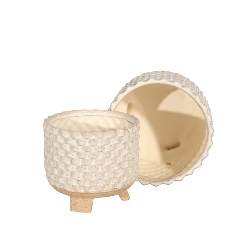 Planter with Textured Design and Footed Base- Set of 2- Off White
