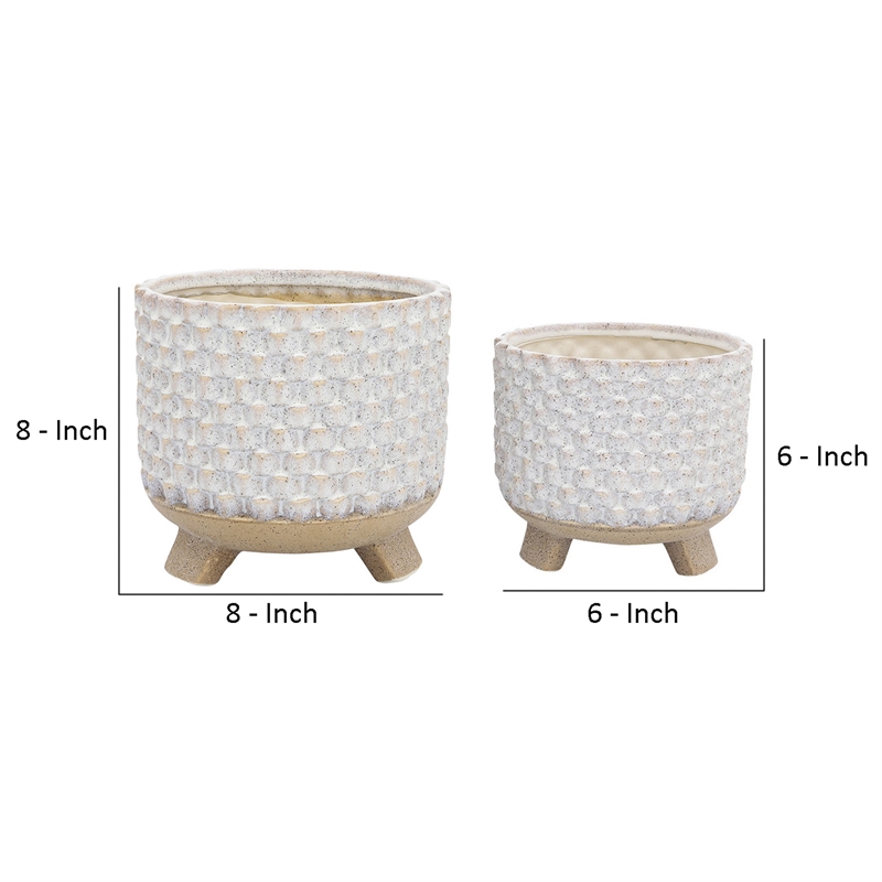 Planter with Textured Design and Footed Base- Set of 2- Off White