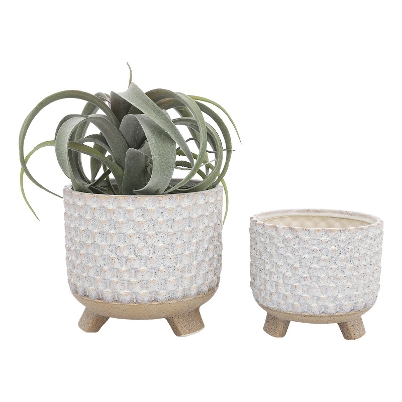 Planter with Textured Design and Footed Base- Set of 2- Off White