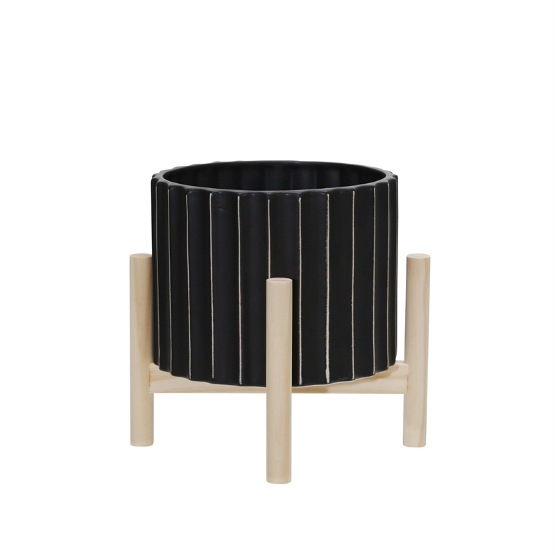 Planter with Fluted Pattern and Wooden Stand- Black
