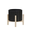 Planter with Fluted Pattern and Wooden Stand- Black