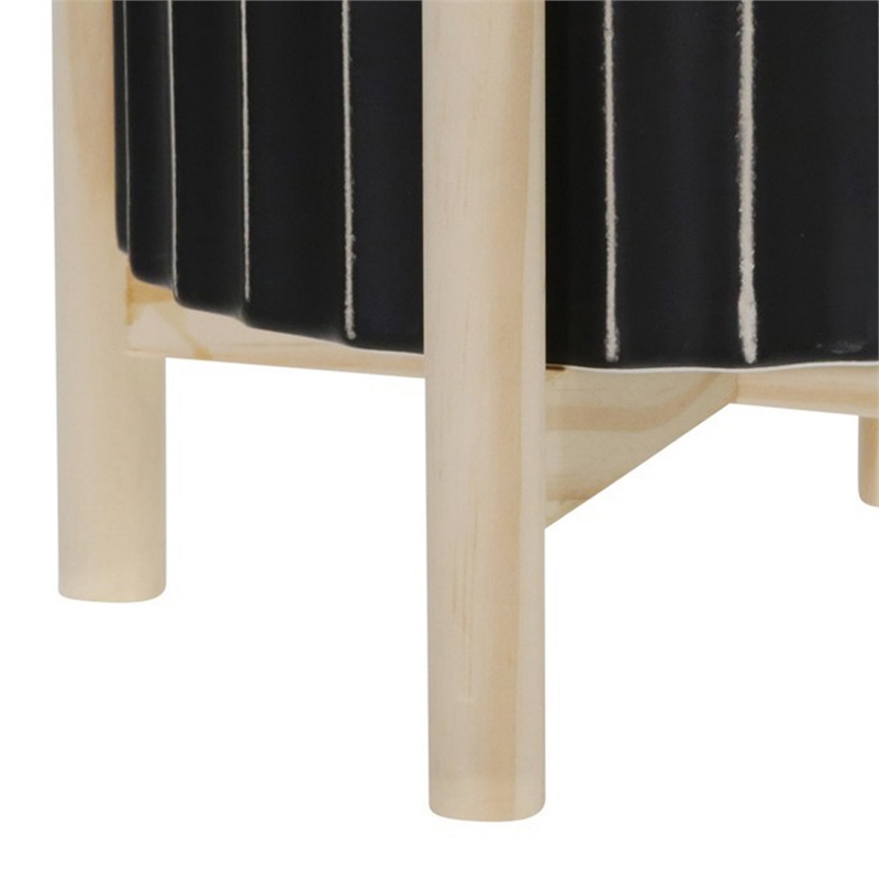 Planter with Fluted Pattern and Wooden Stand- Black