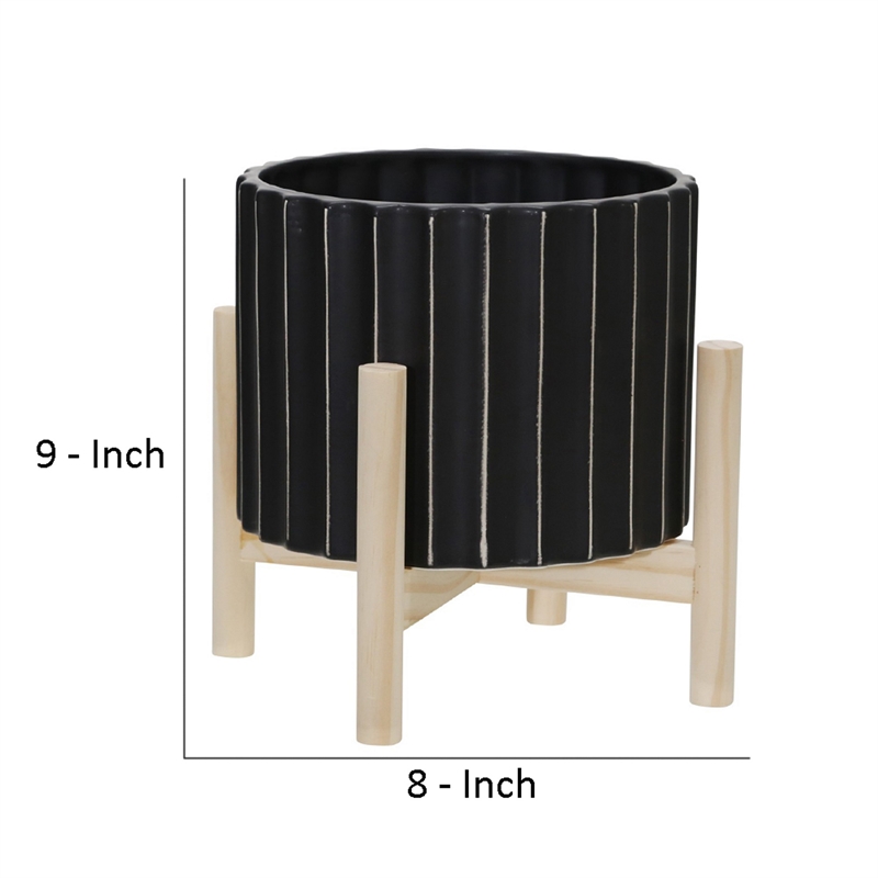 Planter with Fluted Pattern and Wooden Stand- Black
