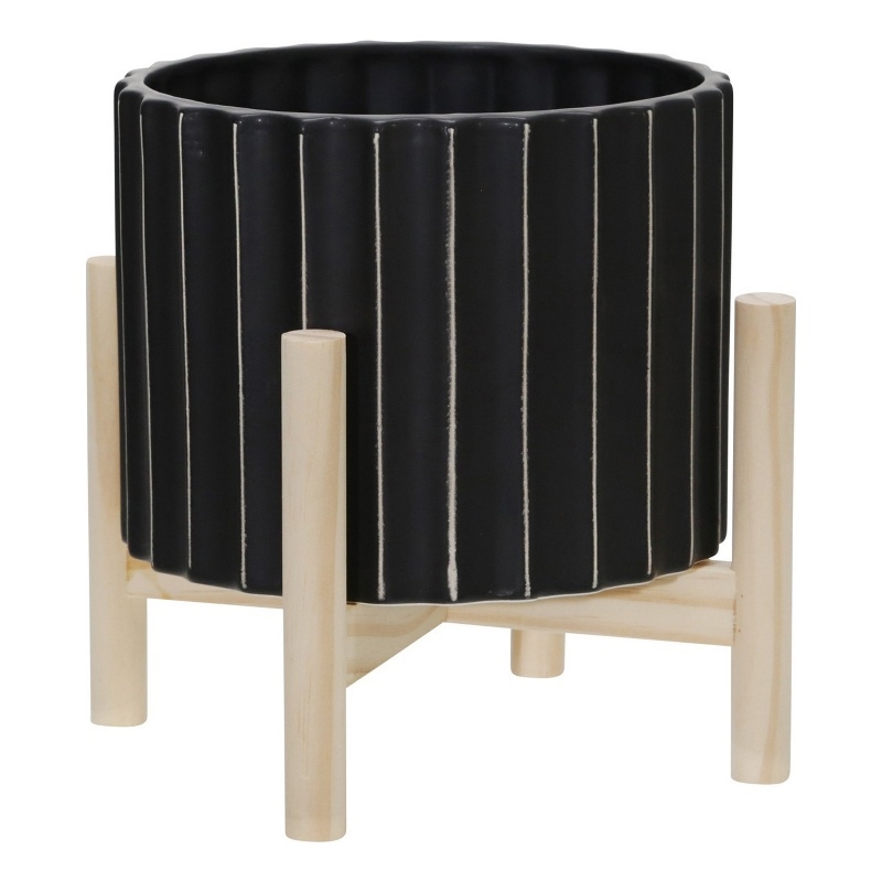 Planter with Fluted Pattern and Wooden Stand- Black