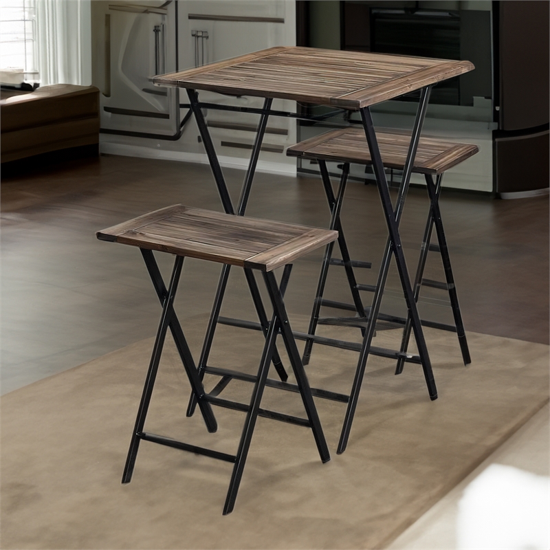 3 Piece Foldable Wood and Metal Dining Set with X Frame Leg-Brown and Black