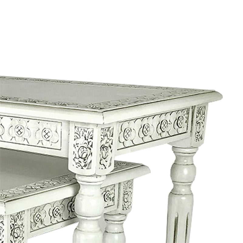 Elegantly Engraved Wooden Frame Nesting Table- Set of 2- Antique White