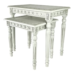 Elegantly Engraved Wooden Frame Nesting Table- Set of 2- Antique White