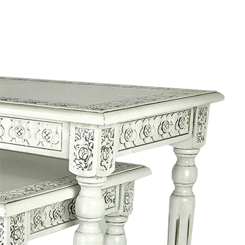 Elegantly Engraved Wooden Frame Nesting Table- Set of 2- Antique White
