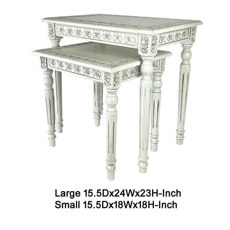 Elegantly Engraved Wooden Frame Nesting Table- Set of 2- Antique White