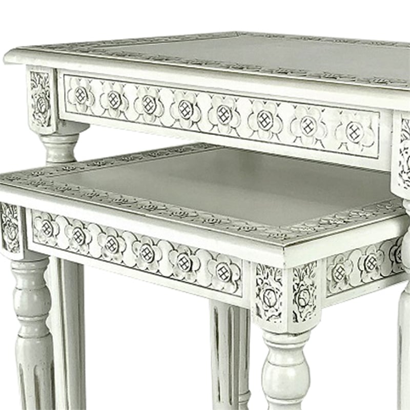 Elegantly Engraved Wooden Frame Nesting Table- Set of 2- Antique White