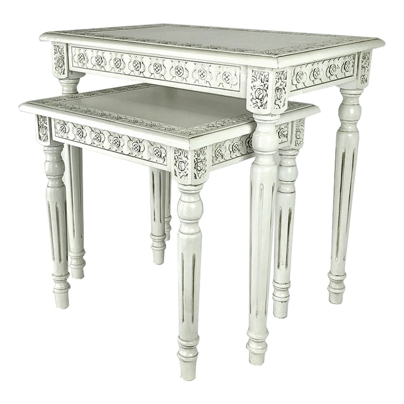 Elegantly Engraved Wooden Frame Nesting Table- Set of 2- Antique White