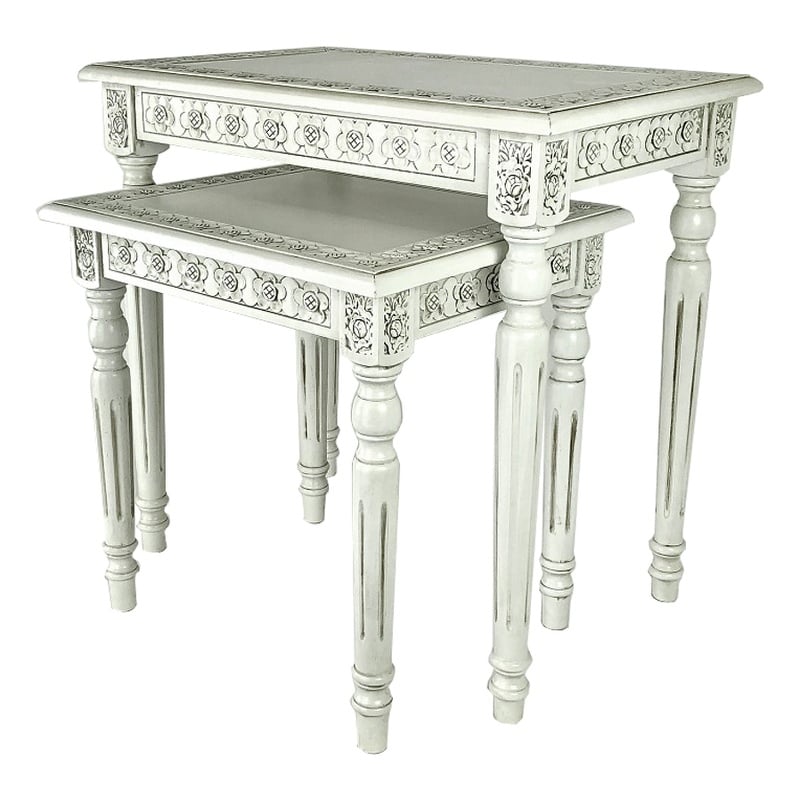 Elegantly Engraved Wooden Frame Nesting Table- Set of 2- Antique White