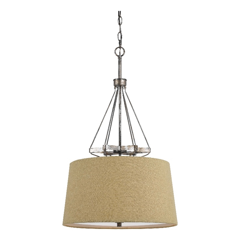 3 Bulb Pendent with Round Burlap Shade and Metal Frame- Beige