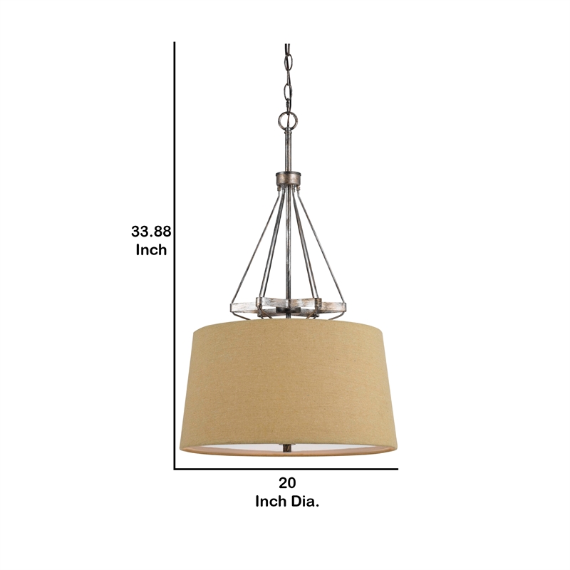 3 Bulb Pendent with Round Burlap Shade and Metal Frame- Beige
