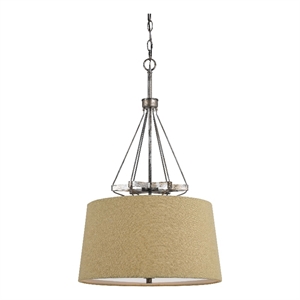 3 Bulb Pendent with Round Burlap Shade and Metal Frame- Beige