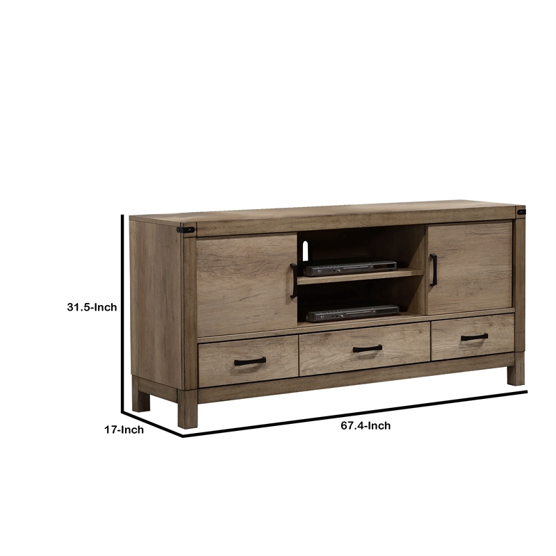 3 Drawer Wooden TV Stand with 2 Cabinets and Open Compartment- Light Brown