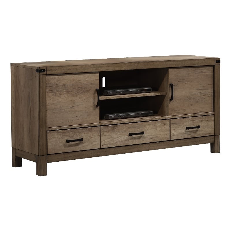 3 Drawer Wooden TV Stand with 2 Cabinets and Open Compartment- Light Brown