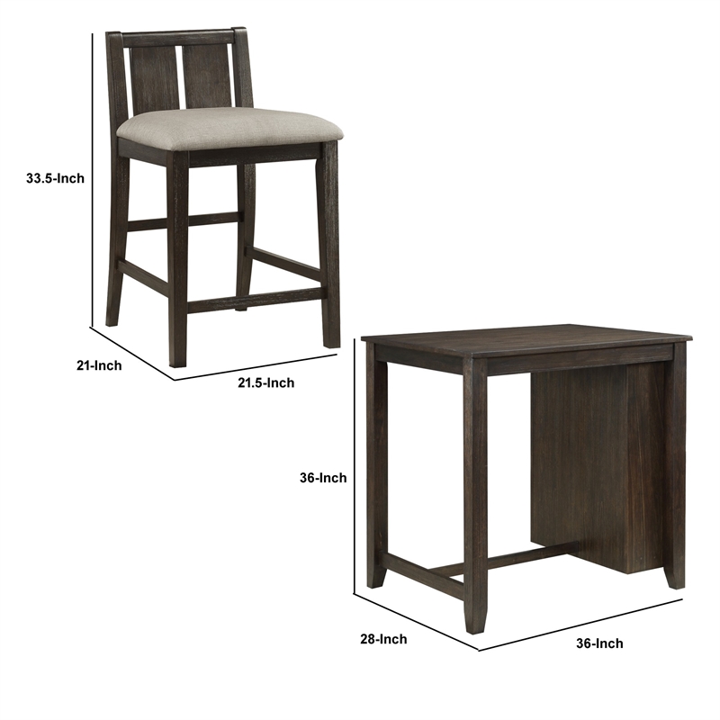 Wooden 3 Piece Counter Set with USB Plugin and Panel Back Chair- Brown