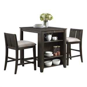 Wooden 3 Piece Counter Set with USB Plugin and Panel Back Chair- Brown