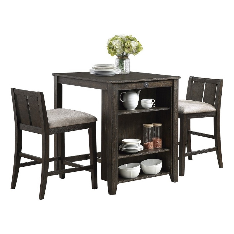 Wooden 3 Piece Counter Set with USB Plugin and Panel Back Chair- Brown