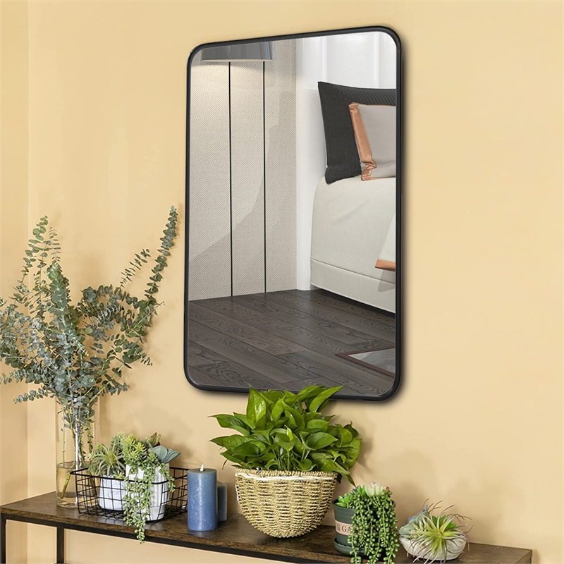 38 Inches Rectangular Metal Wall Mirror with Curved Corners- Black