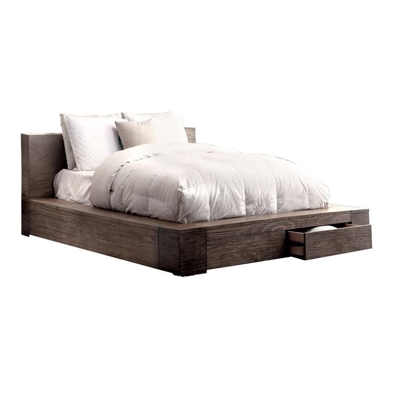 Transitional Style Wooden California King Size Bed with 2 Drawers- Brown