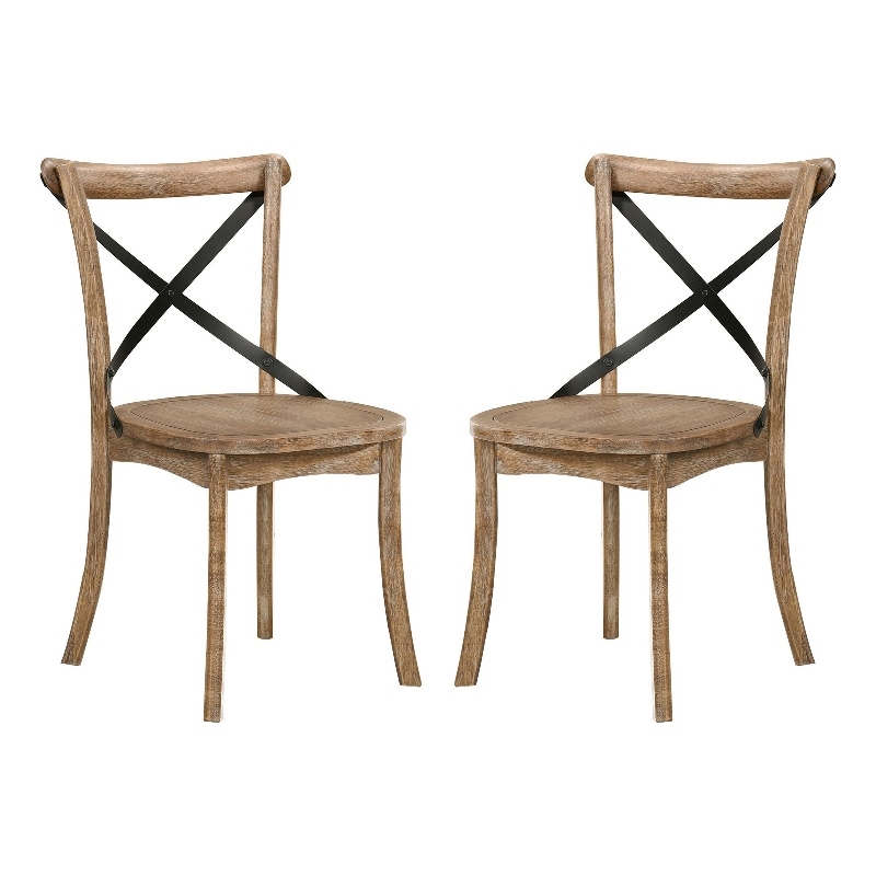 Wood and Metal Side Chair with X Open Back- Set of 2- Rustic Brown and Black