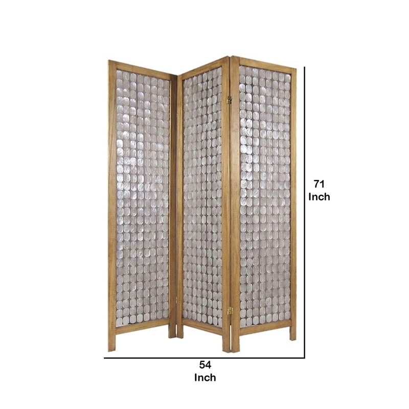 3 Panel Wooden Screen with Pearl Motif Accent- Brown and Silver