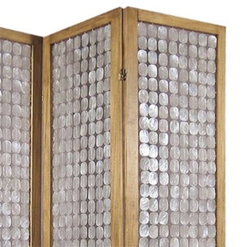 3 Panel Wooden Screen with Pearl Motif Accent- Brown and Silver