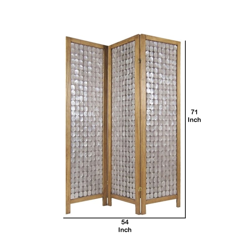 3 Panel Wooden Screen with Pearl Motif Accent- Brown and Silver