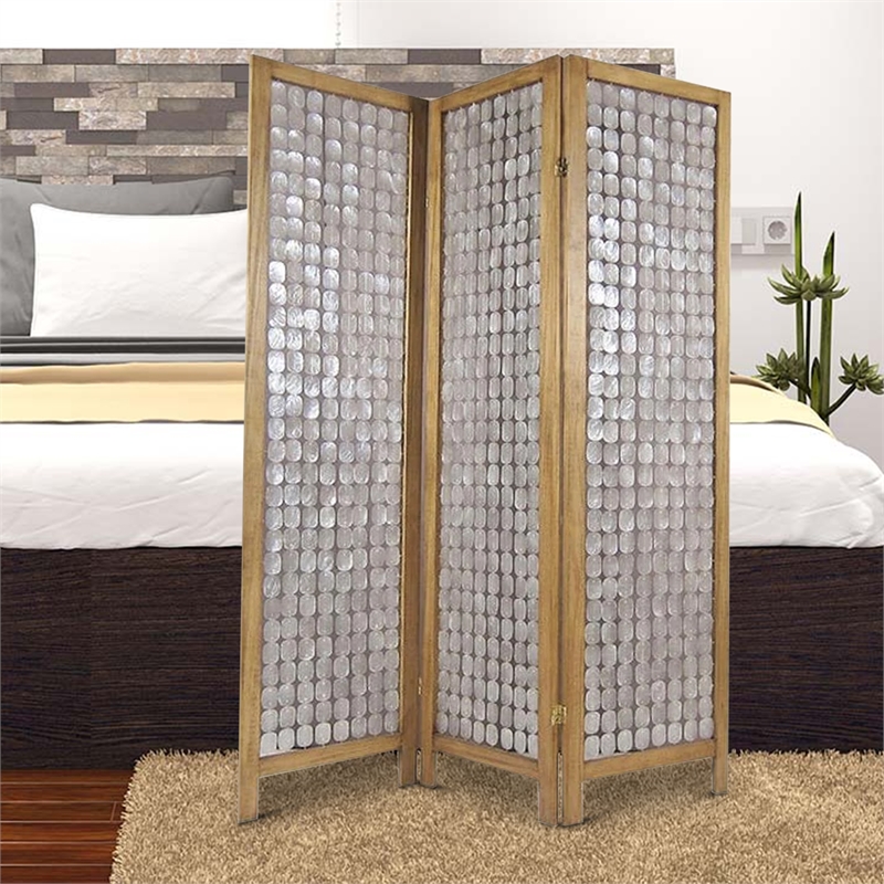 3 Panel Wooden Screen with Pearl Motif Accent- Brown and Silver
