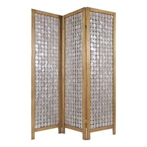 3 Panel Wooden Screen with Pearl Motif Accent- Brown and Silver