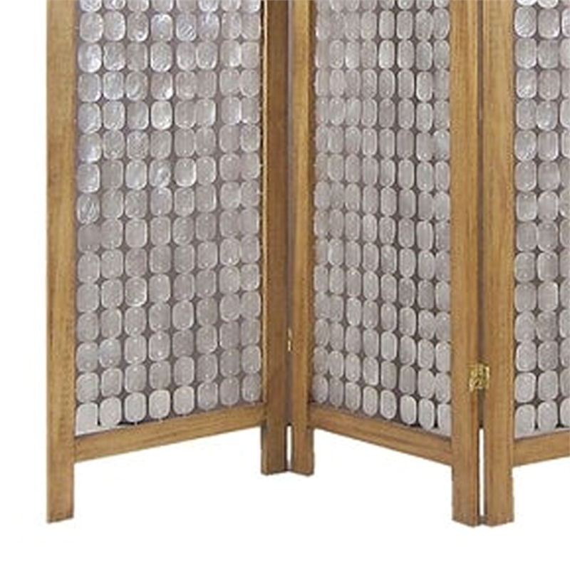 3 Panel Wooden Screen with Pearl Motif Accent- Brown and Silver
