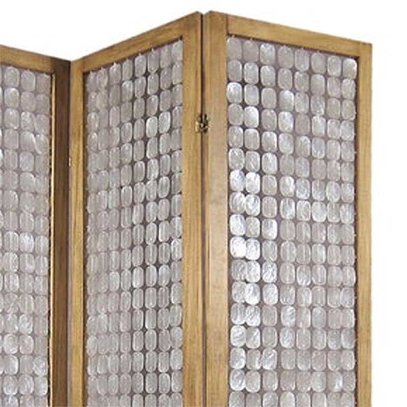 3 Panel Wooden Screen with Pearl Motif Accent- Brown and Silver