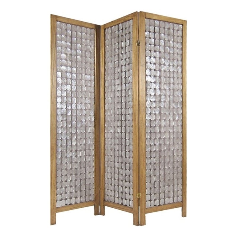 3 Panel Wooden Screen with Pearl Motif Accent- Brown and Silver