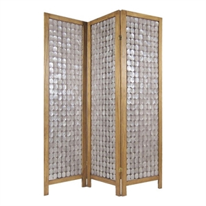 3 Panel Wooden Screen with Pearl Motif Accent- Brown and Silver