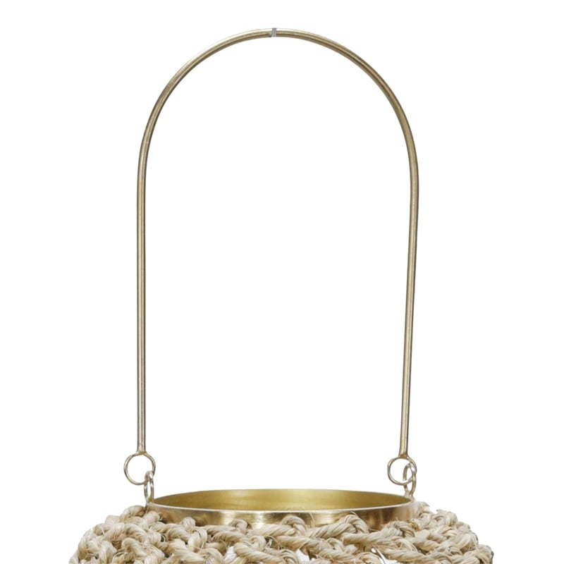 Cylindrical Rattan Lantern with Metal Frame and Handle-Large-Brown and Gold