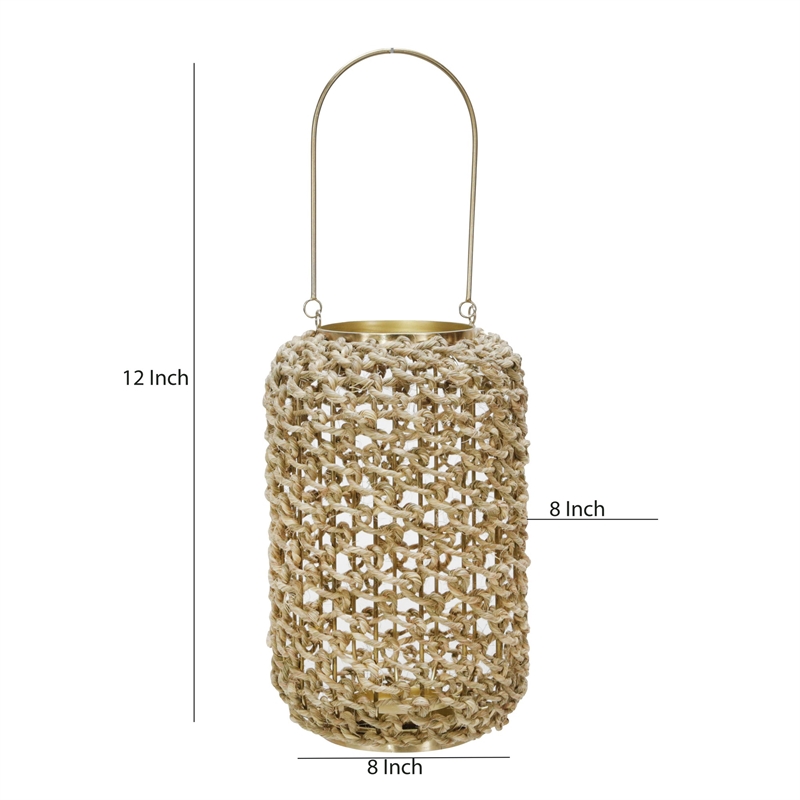 Cylindrical Rattan Lantern with Metal Frame and Handle-Large-Brown and Gold