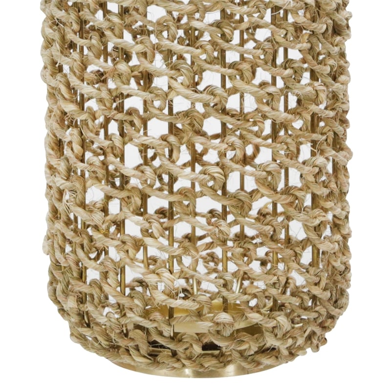 Cylindrical Rattan Lantern with Metal Frame and Handle-Large-Brown and Gold