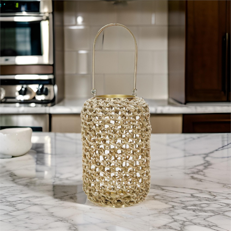 Cylindrical Rattan Lantern with Metal Frame and Handle-Large-Brown and Gold