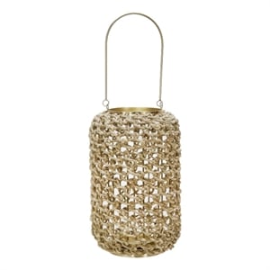 Cylindrical Rattan Lantern with Metal Frame and Handle-Large-Brown and Gold