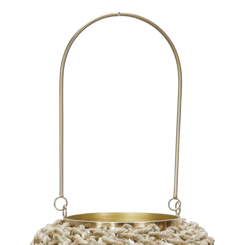 Cylindrical Rattan Lantern with Metal Frame and Handle-Large-Brown and Gold