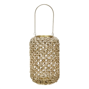 Cylindrical Rattan Lantern with Metal Frame and Handle-Large-Brown and Gold