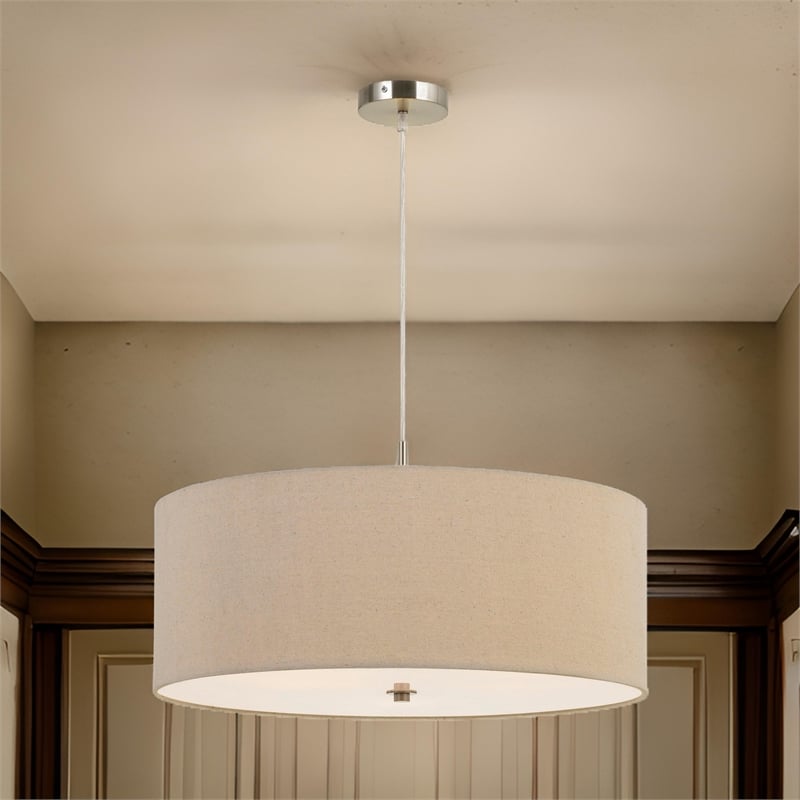 60W x 3 Drum Shade Pendant Fixture- Beige and Silver
