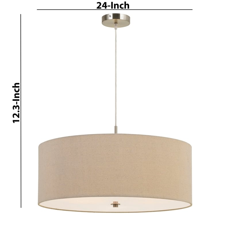 60W x 3 Drum Shade Pendant Fixture- Beige and Silver